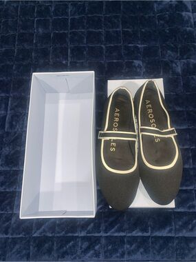 Aerosoles Black Flats Gold Trim Mary Jane Slip On Shoes